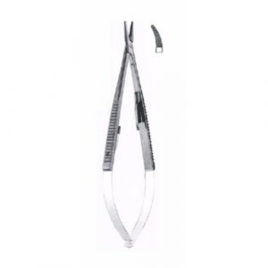 Castroviejo Micro Needle Holder 18 cm ,Curved, Serrated , With Lock, Tungsten Carbide Jaws  - JFU Industries